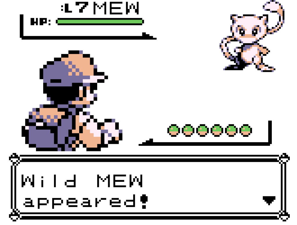 Screenshot of Pokemon game depicting a wild Mew encounter.